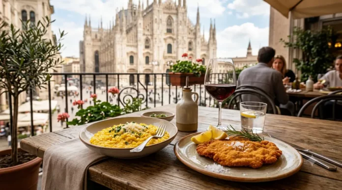 Piatto di risotto alla milanese giallo zafferano con cotoletta a orecchia d'elefante su un tavolo di un ristorante moderno a Milano.