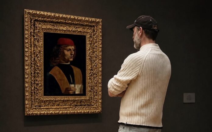 Visitatore davanti al Ritratto di Musico di Leonardo da Vinci alla Pinacoteca Ambrosiana Milano