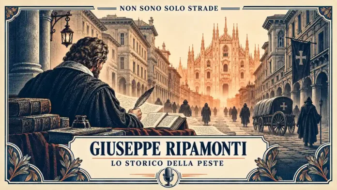 Giuseppe Ripamonti scrive le sue cronache sulla peste davanti a una strada della Milano del Seicento, con il Duomo sullo sfondo.