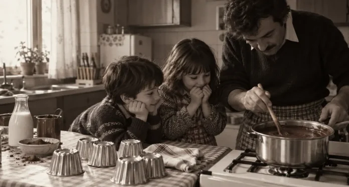Papà prepara il budino al cioccolato mentre due bambini lo osservano in cucina.