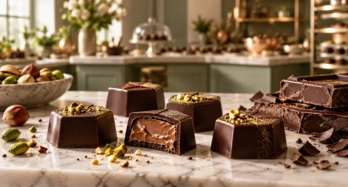 Praline esagonali di cioccolato fondente, una con ripieno cremoso visibile, accanto a pezzi di cioccolato e pistacchi.