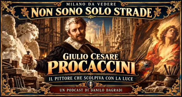 Illustrazione di Giulio Cesare Procaccini tra una scultura e una tela, ispirata al suo autoritratto.